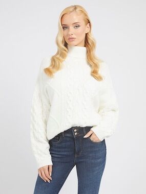 🤍 GUESS Cream Cable Knit Cowl Neck Sweater Cozy Minimalist Essential 
 (unisex)